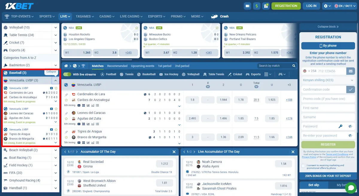 1xBet Baseball betting Screenshot